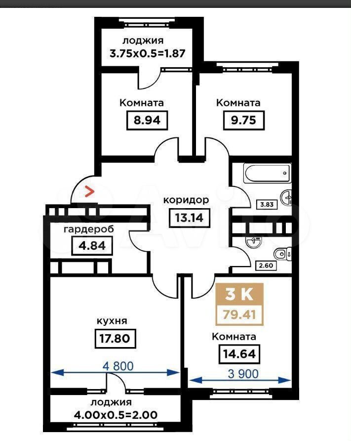 3-к. квартира, 94,4 м², 4/19 эт.