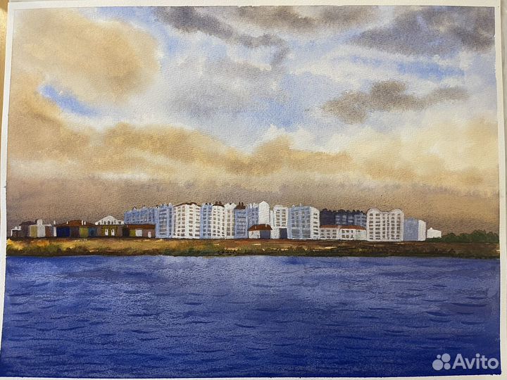Город у моря картина акварель