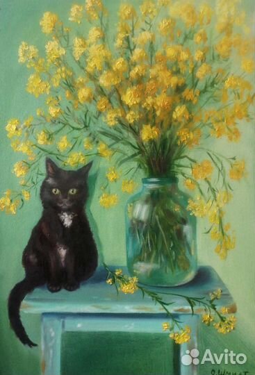 Картина маслом. Желтые цветы и котенок. 60х40