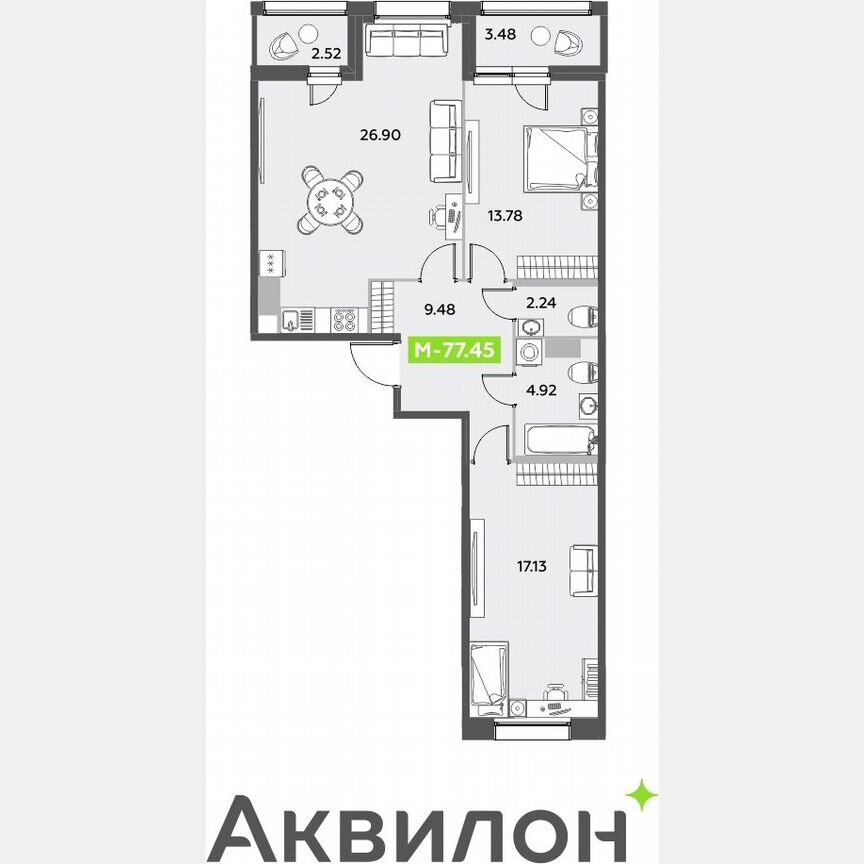 2-к. квартира, 77,5 м², 7/12 эт.