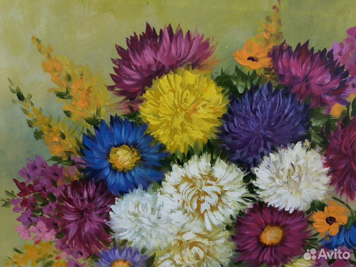 Астры в букете. Картина маслом на холсте 40х50