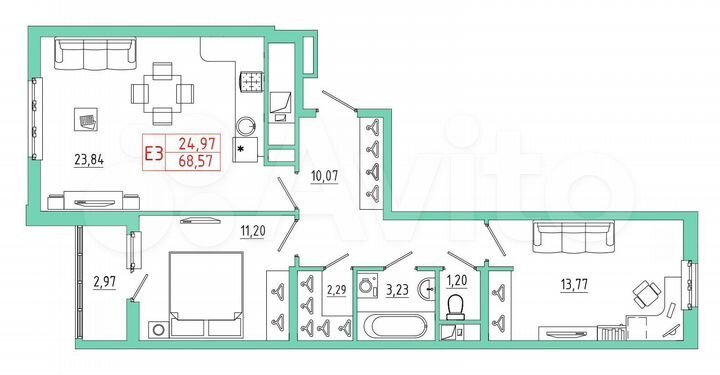 2-к. квартира, 68,6 м², 8/25 эт.