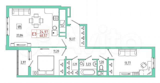 2-к. квартира, 68,6 м², 8/25 эт.