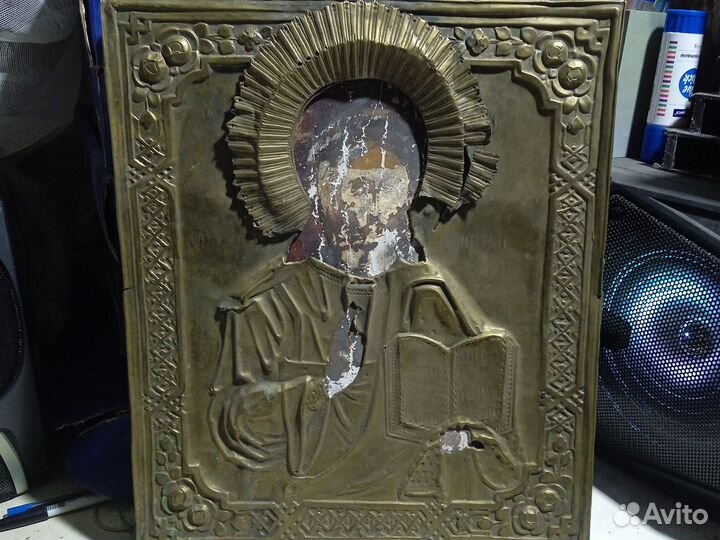 Старинная икона Спас Вседержитель окладная