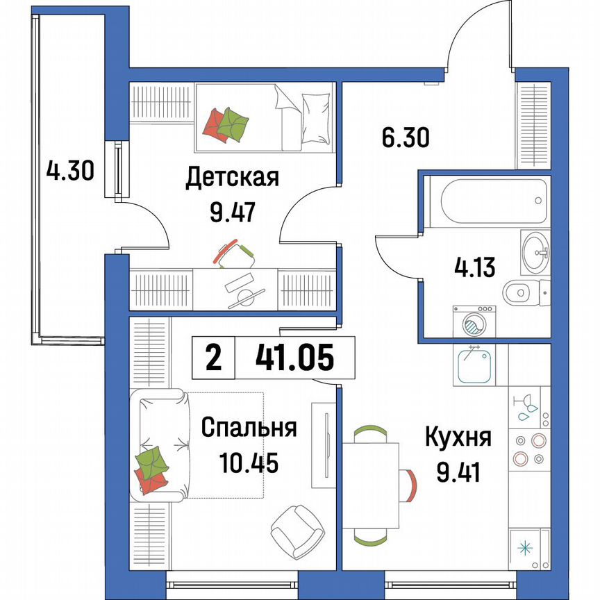 2-к. квартира, 41,1 м², 2/16 эт.