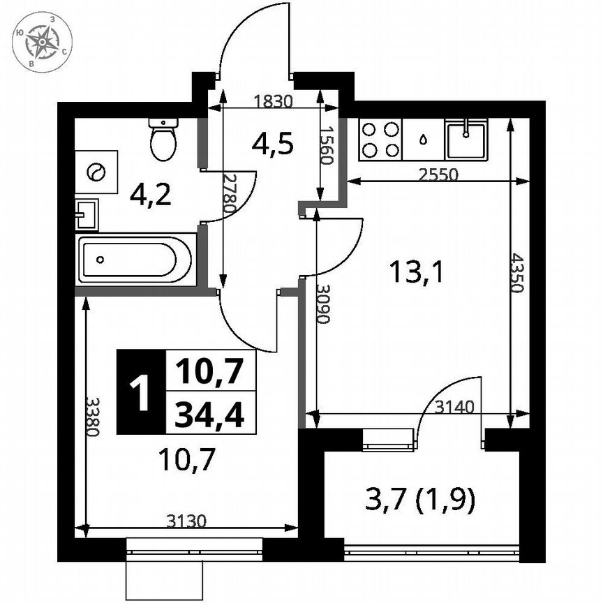 1-к. квартира, 34,4 м², 2/18 эт.