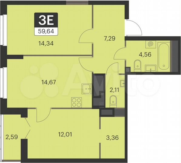 2-к. квартира, 59,6 м², 3/17 эт.