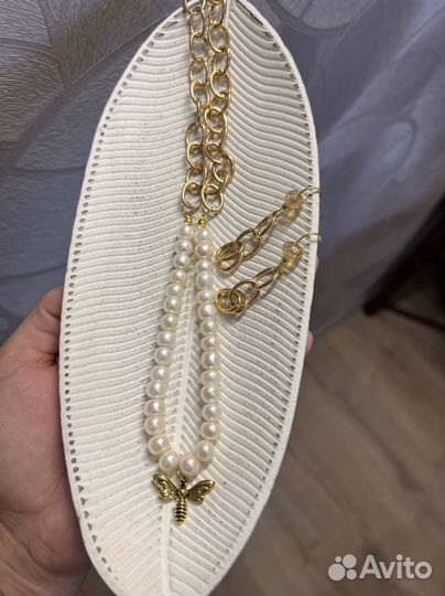 Комплект серьги колье из натур белого жемчуга