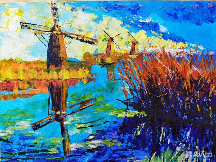 Картина деревенский пейзаж мельницы летний день