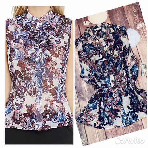 Цветочный нежный топ с жабо от Tahari из США L