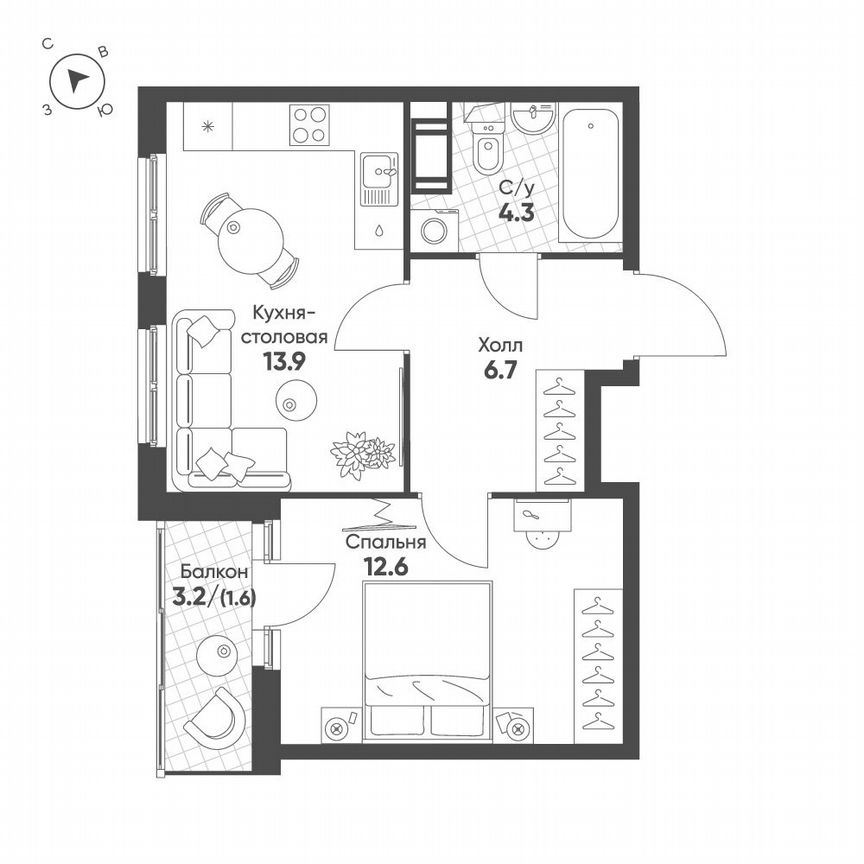 1-к. квартира, 39,1 м², 9/12 эт.