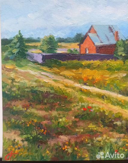 Картина маслом на картоне, пейзаж 