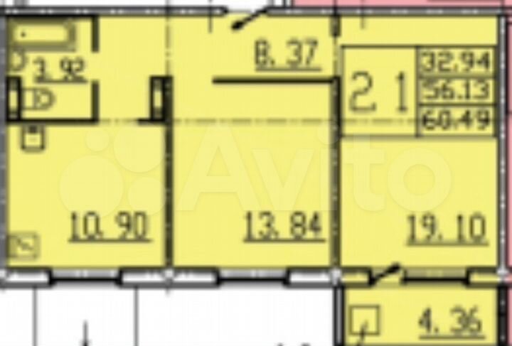 2-к. квартира, 58 м², 6/9 эт.