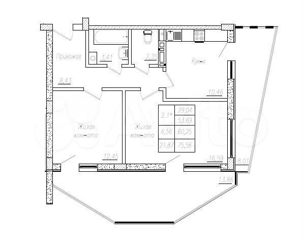 2-к. квартира, 60,3 м², 4/8 эт.