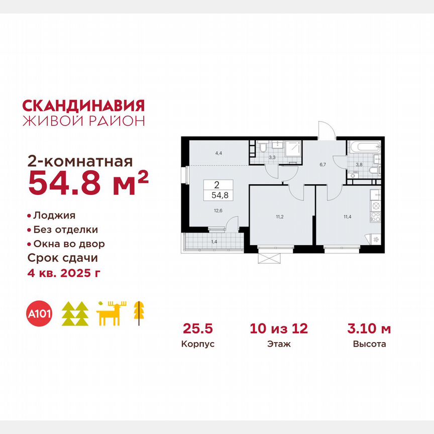 2-к. квартира, 54,8 м², 10/12 эт.