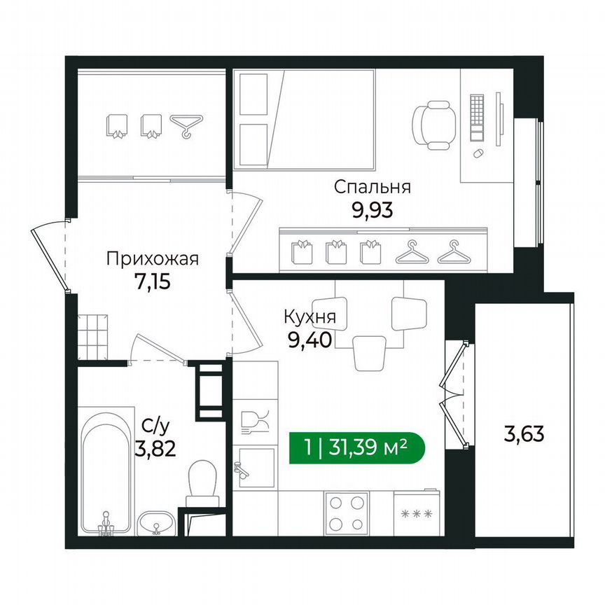1-к. квартира, 31,4 м², 6/8 эт.