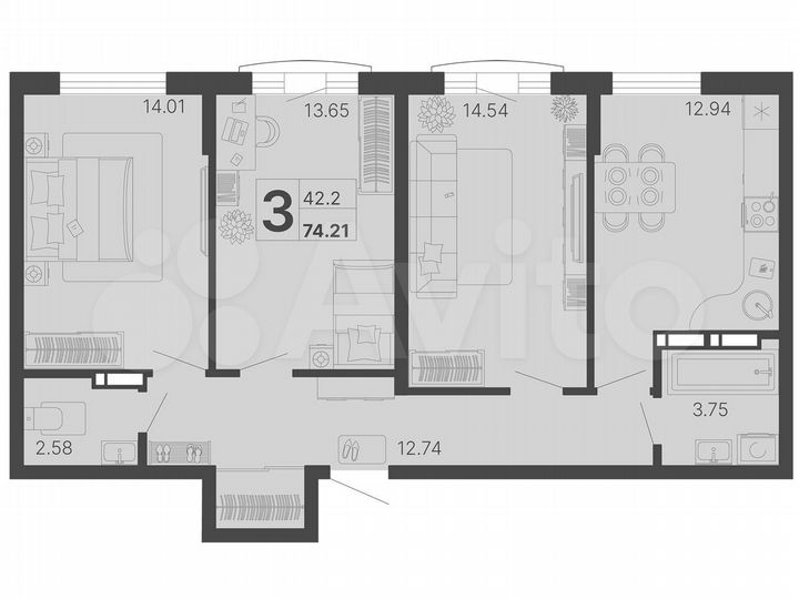 2-к. квартира, 69,3 м², 8/20 эт.