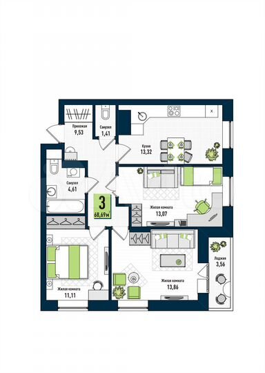 3-к. квартира, 68,7 м², 1/17 эт.