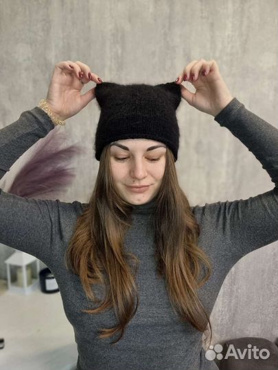 Шапка с ушами котошапка чепчик пух норки