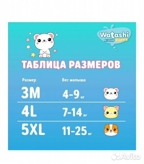 Подгузники Watashi 3/M 4-9 кг 52 шт