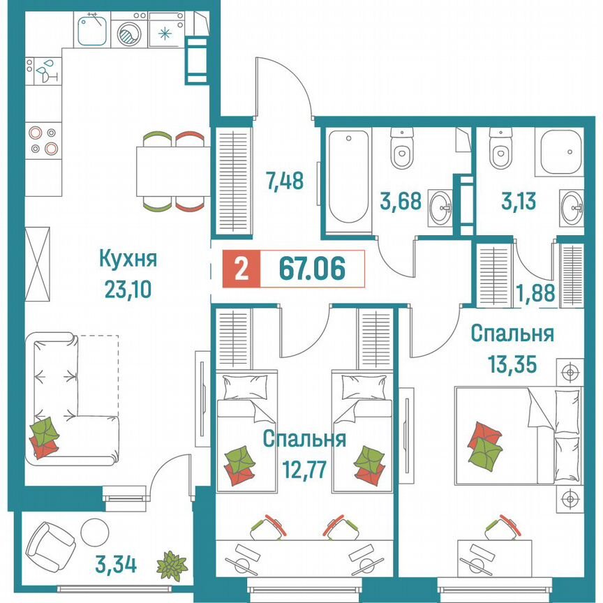 2-к. квартира, 67,1 м², 2/18 эт.