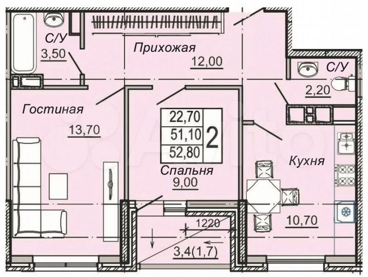 2-к. квартира, 52,8 м², 6/9 эт.