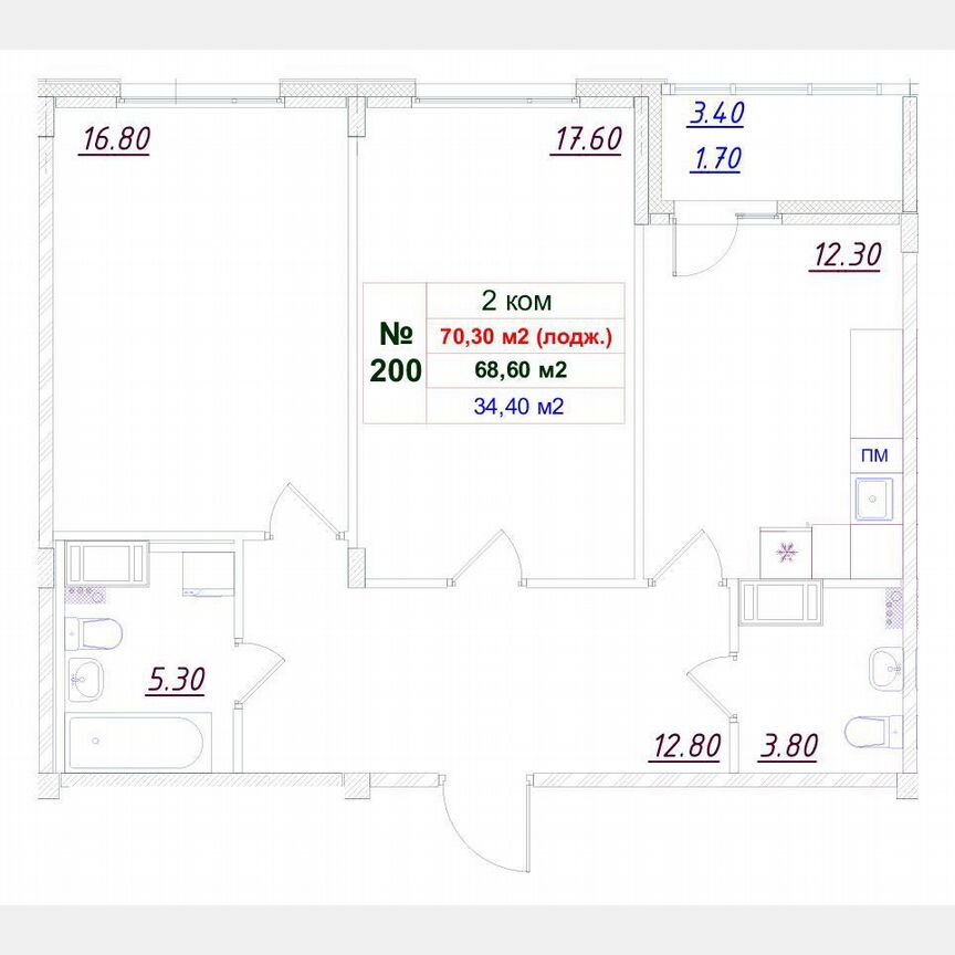 2-к. квартира, 68,9 м², 11/12 эт.