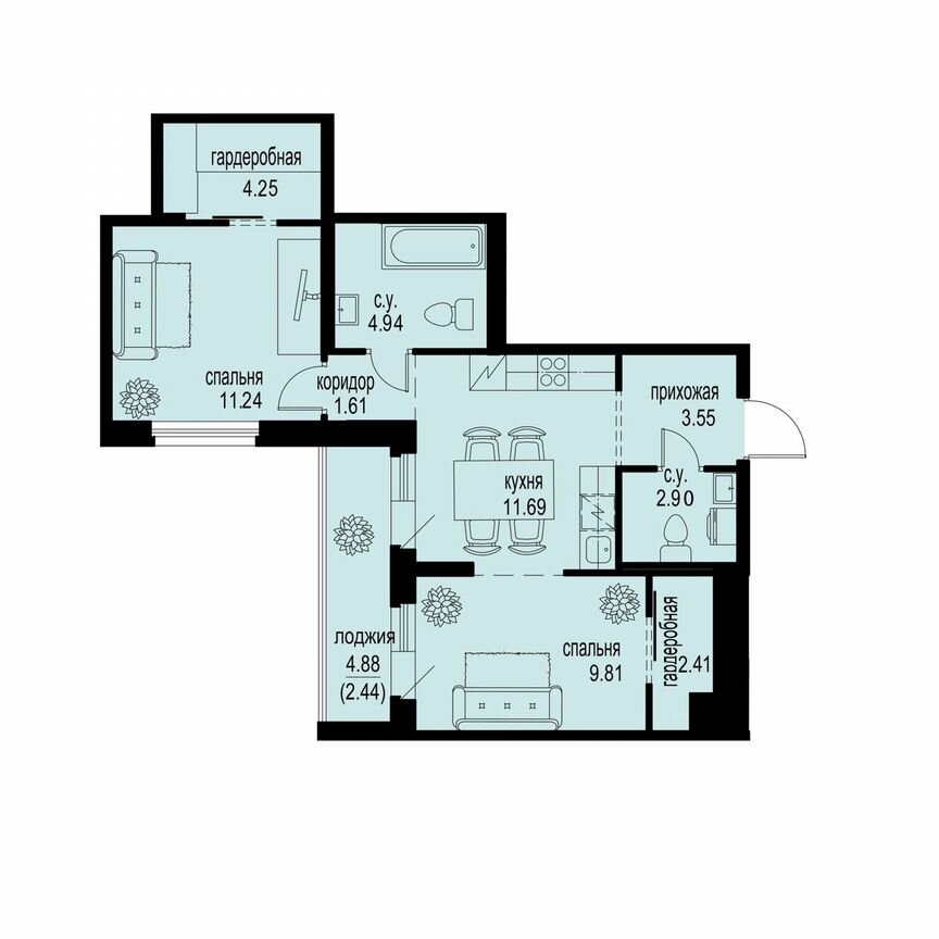 2-к. квартира, 54,8 м², 2/12 эт.