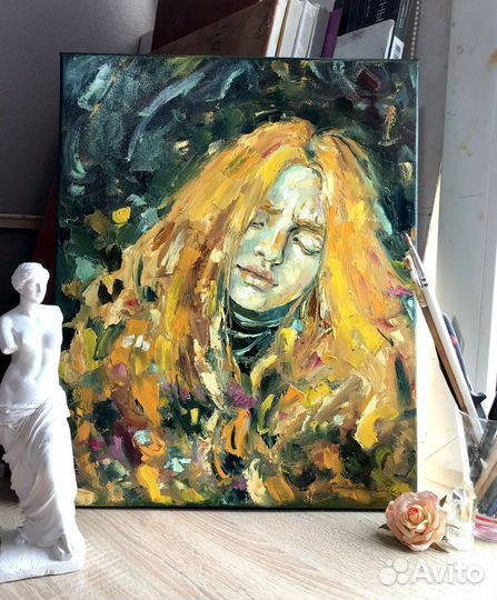 Картина маслом, девушка, осень, 40/50 см