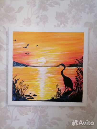Картина акрилом на холсте Цапля в закате