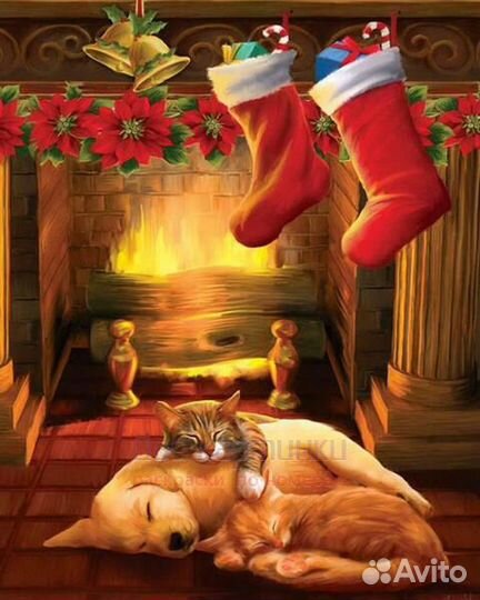 Алмазная мозаика 40x50 Кот и щенок возле рождестве