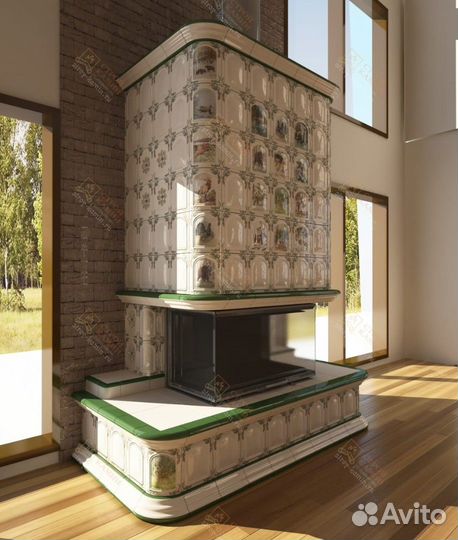 Изразцовый трехсторонний камин с дровяной топкой