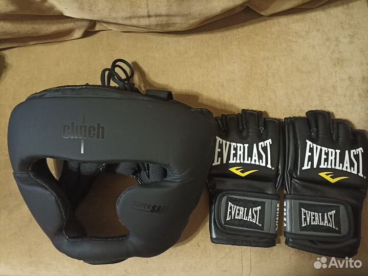 Боксерский шлем clinch, перчатки everlast