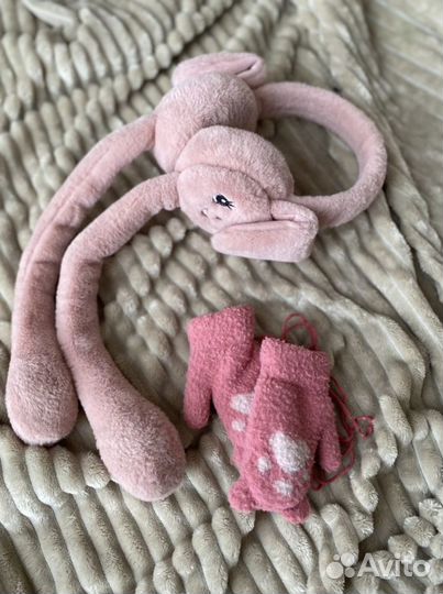 Пушистые наушники + подарок (рукавички)