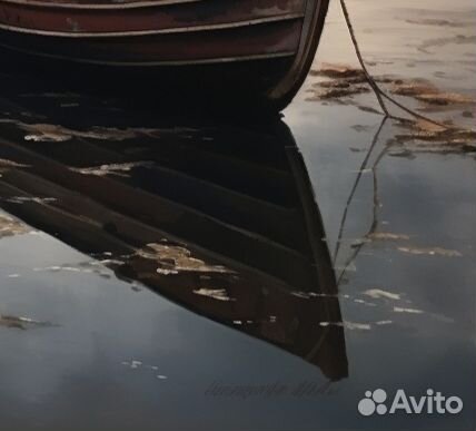 Картина маслом на заказ Лодка на воде под закатом