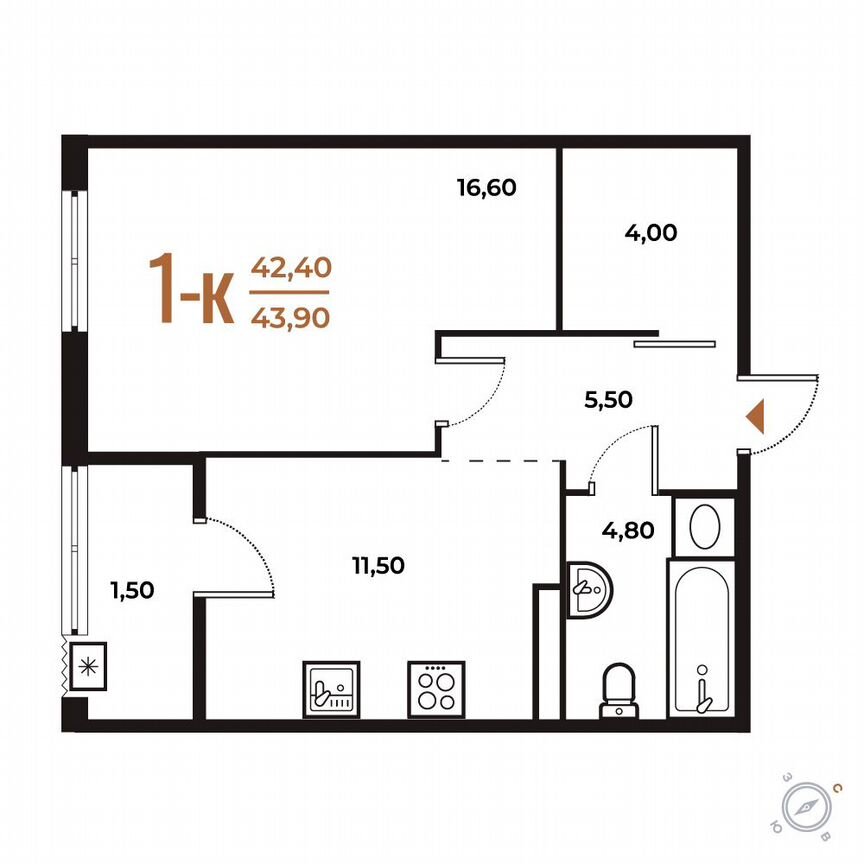 1-к. квартира, 43,9 м², 6/8 эт.