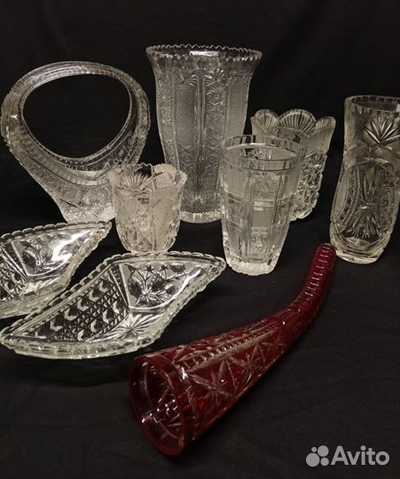 Вазы, конфетницы, ладья с ручкой, рог хрустальные