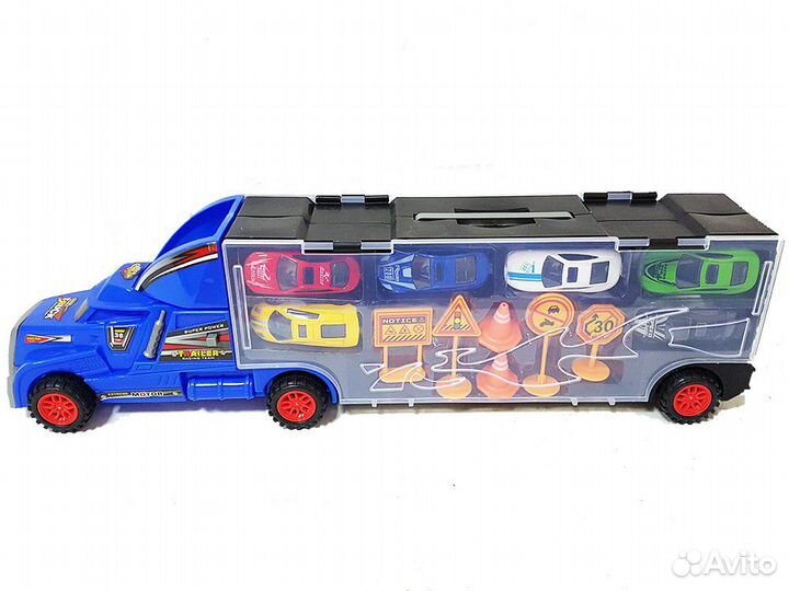 Грузовик-автовоз Hot Wheels, 6 машин + знаки