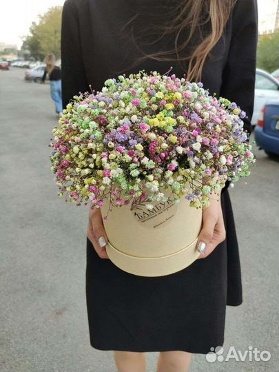 Букет из цветной гипсофилы в коробке от