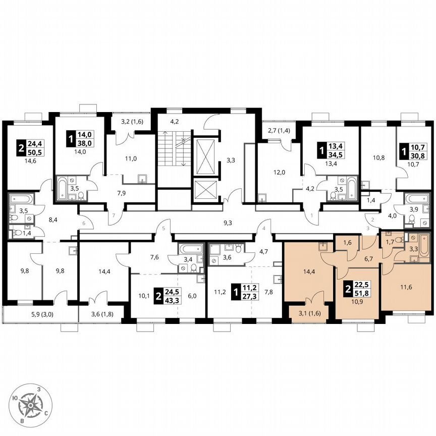 2-к. квартира, 51,8 м², 22/24 эт.