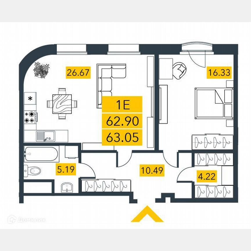1-к. квартира, 63,9 м², 6/7 эт.
