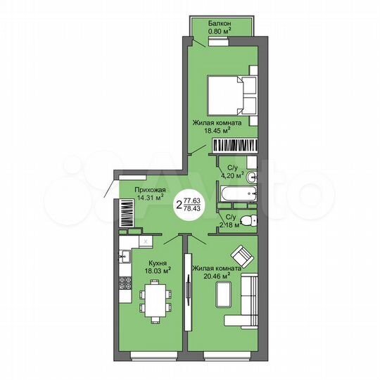 2-к. квартира, 78,4 м², 11/17 эт.