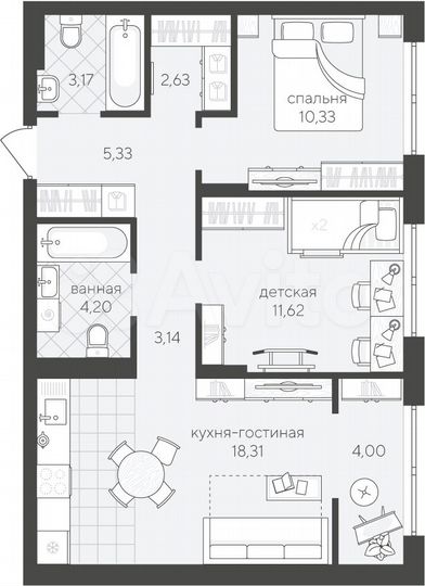 2-к. квартира, 62,7 м², 4/4 эт.
