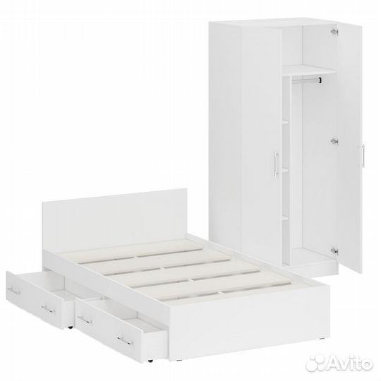 Кровать белая односпальная с ящиками 1200 со шкафом для одежды 2-х створчатым Стандарт, цвет белый