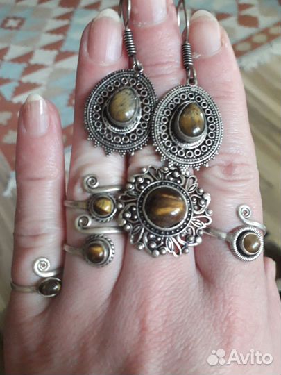 Комплект серьги и кольцо Тигровый глаз Индия