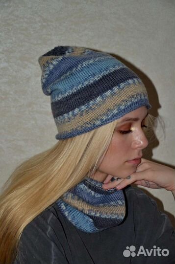Шапка бини женская,вязанная и снуд