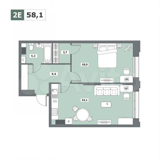 1-к. квартира, 58,1 м², 2/15 эт.
