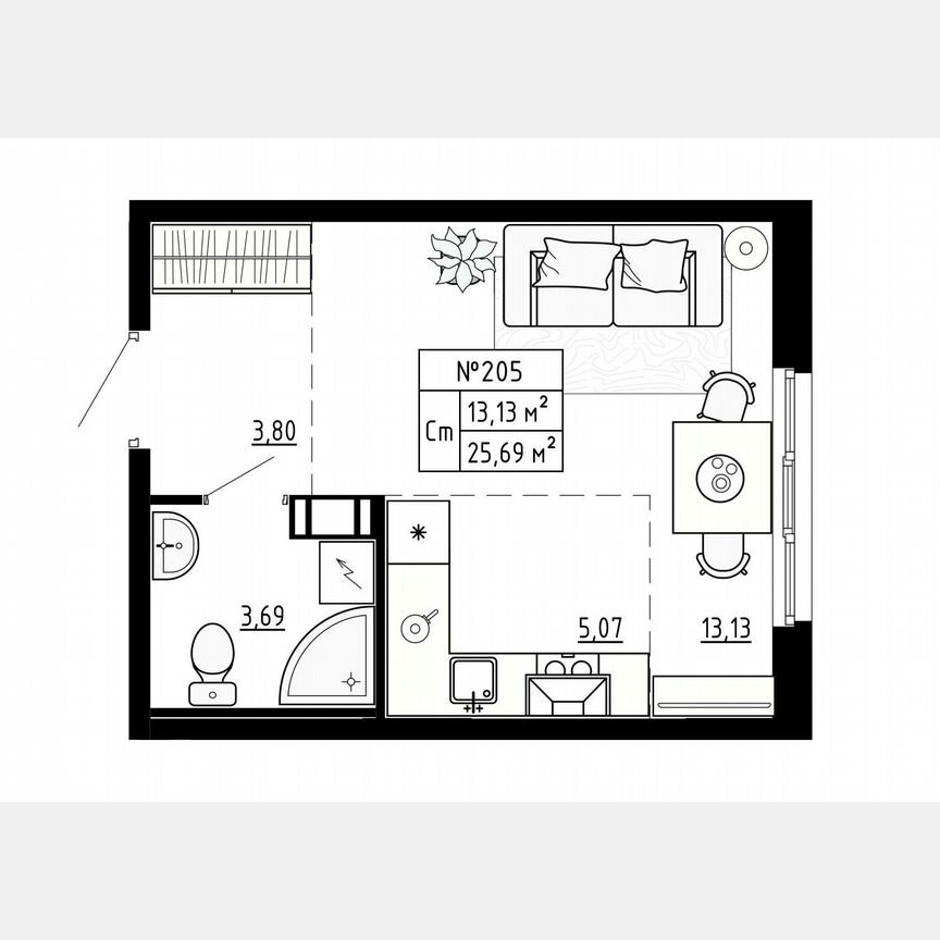 Квартира-студия, 25,7 м², 3/4 эт.