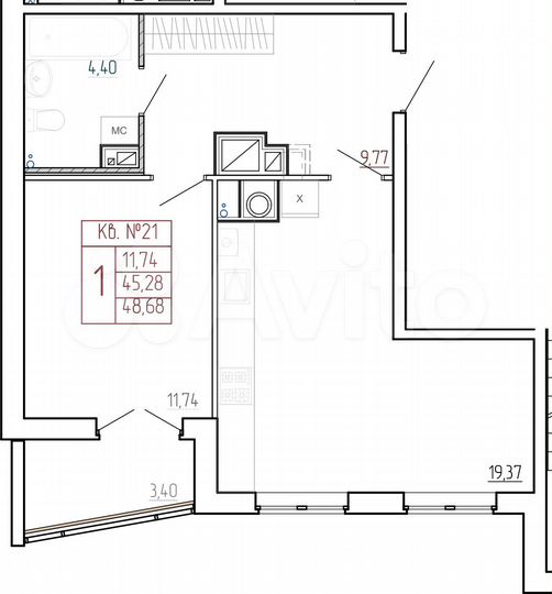 1-к. квартира, 48,7 м², 6/9 эт.