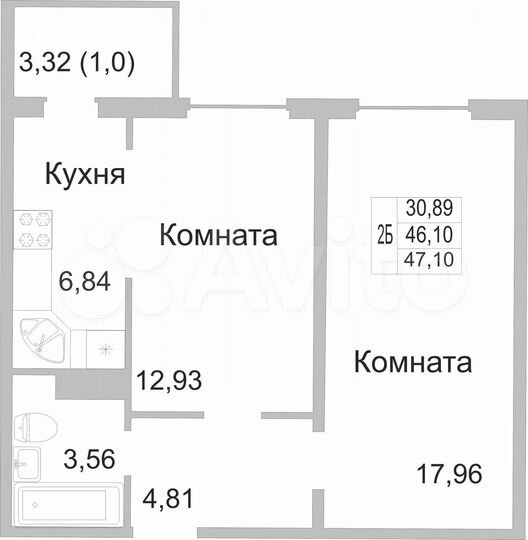 2-к. квартира, 47,1 м², 6/9 эт.